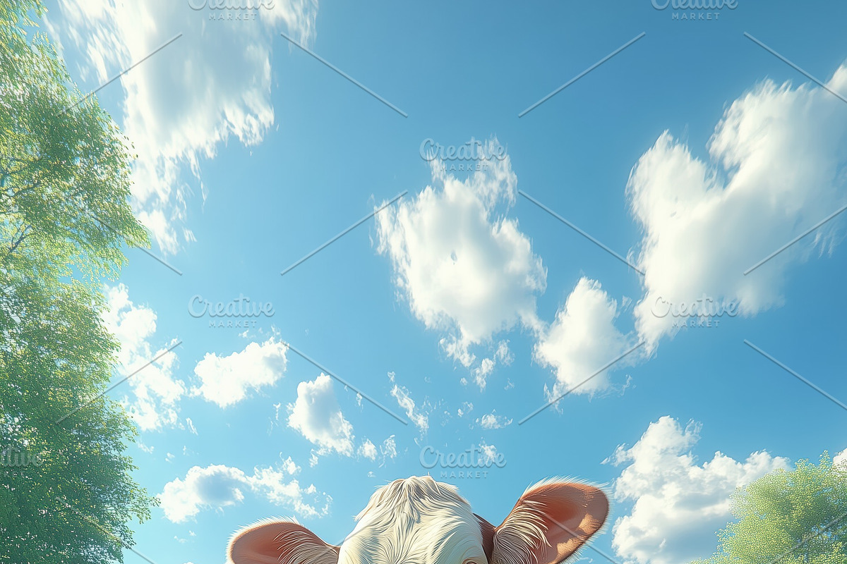 A cute brown and white cow standing in a lush green field filled with daisies u, an Animal Illustration by Textures & Backgrounds