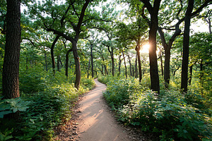 Serene walking path through lush green forest at sunset surrounded by tall tree, a Nature Photo by AlyaAnd