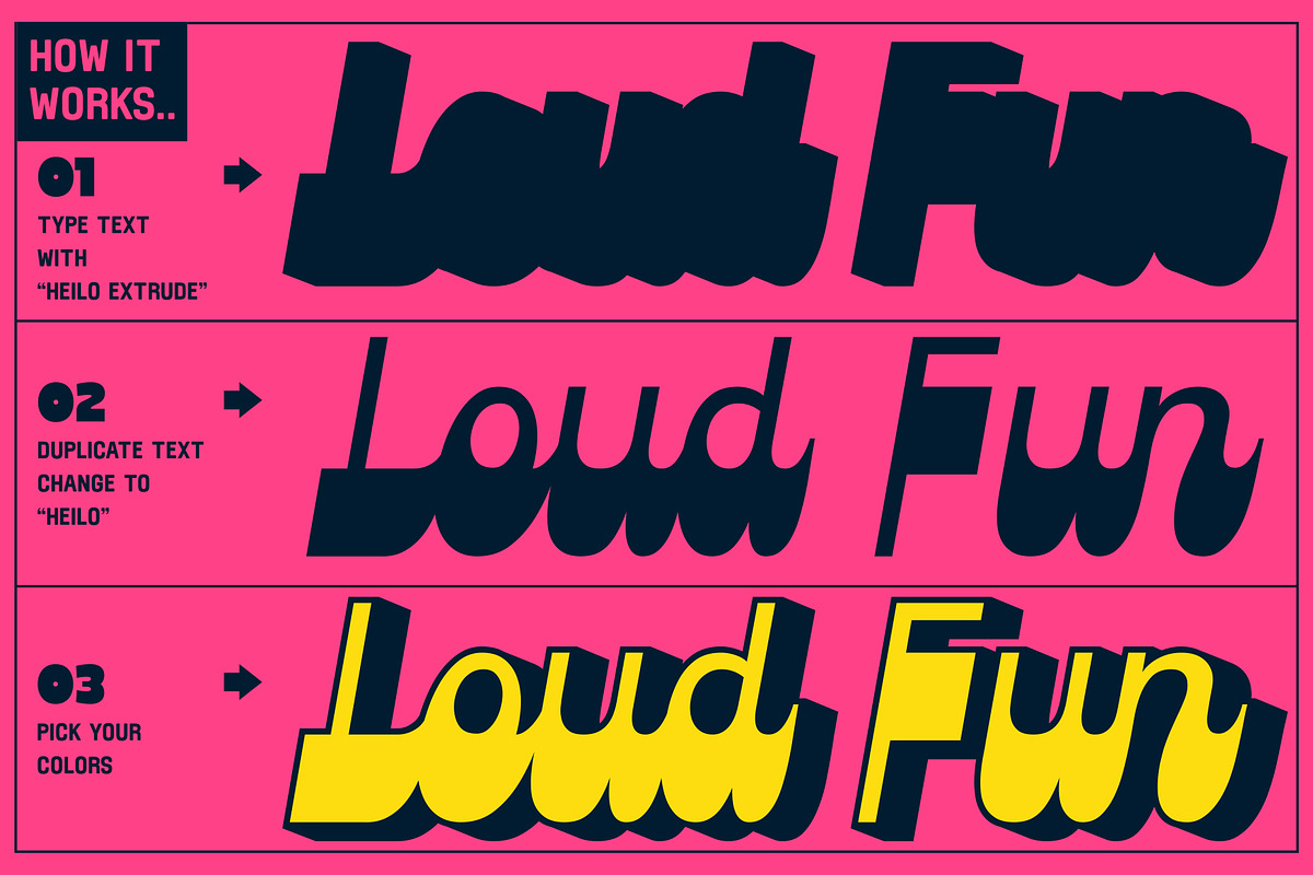 Heilo - Playful Vintage Extrude, a Sans Serif Font by Fateh.Lab (Photo 4 of 17)