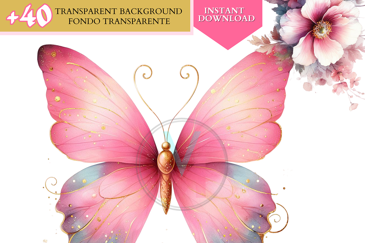 Watercolor Pink butterflies clipart, a Decorative Illustration by VM PARTYS  BY TAIRUMA (Photo 4 of 8)