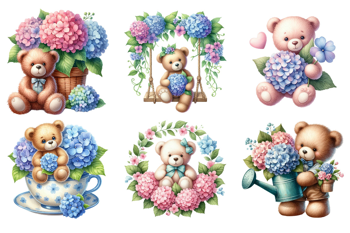 Teddy Bear with Hydrangeas, an Illustration by SinaCreation (Photo 3 of 5)