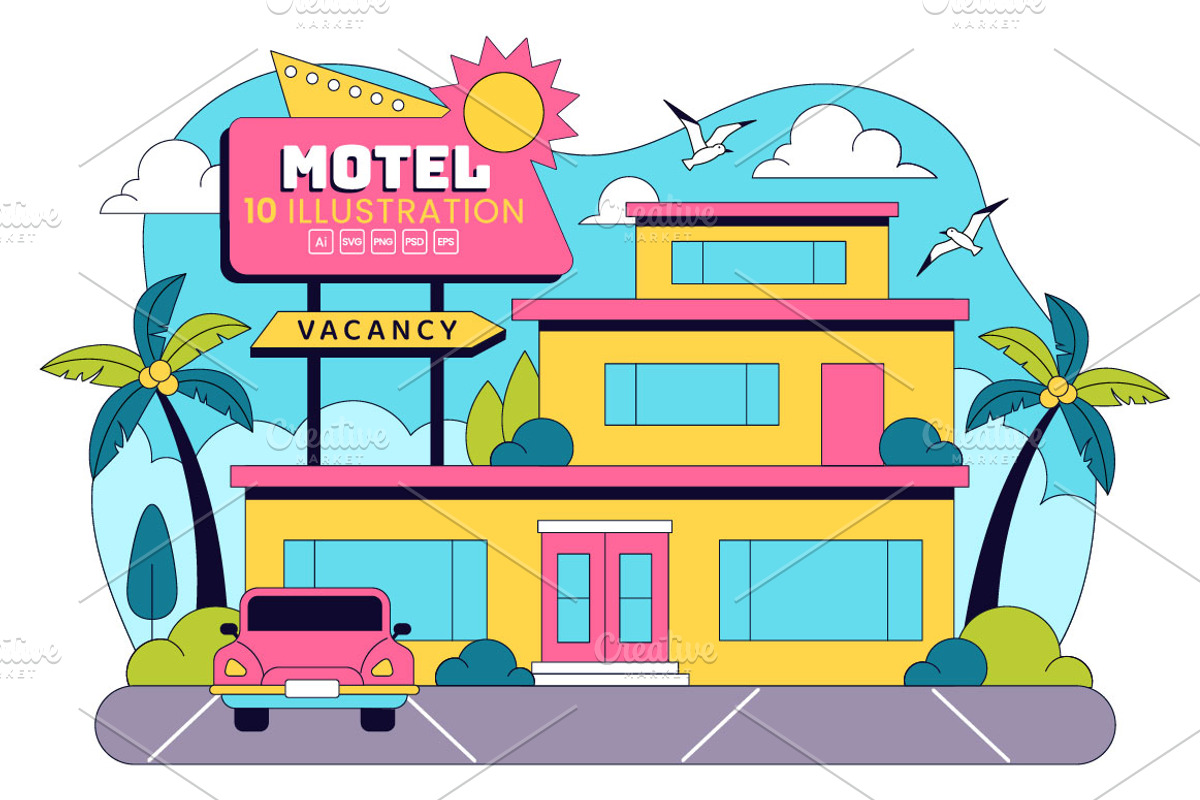 10 Retro Roadside Motel Illustration, an Object Illustration by denayunebgt (Photo 1 of 4)