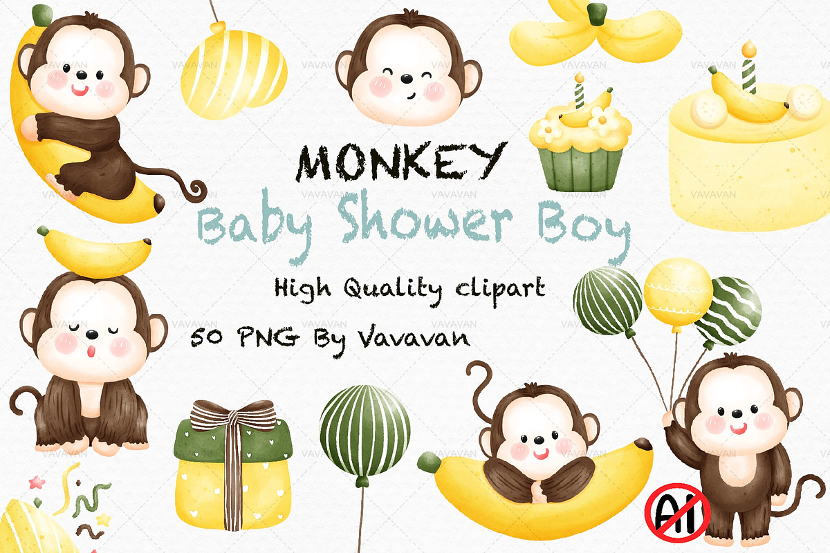 Baby boy monkey Watercolor clipart, an Animal Illustration by Vavavan Artwork (Photo 1 of 4)
