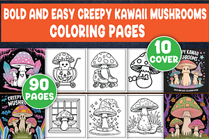 Creepy Kawaii Mushrooms Coloring Pag, an Illustration by LightExpress