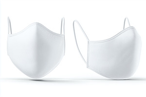 Two white face masks mockup with ear loops on a white background., a Mask Mockup by Textures & Backgrounds