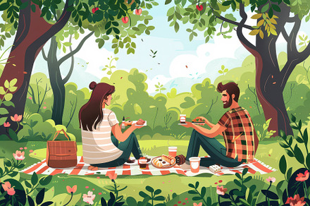 Couple enjoying picnic in lush park, a Background Photo by Pixeness