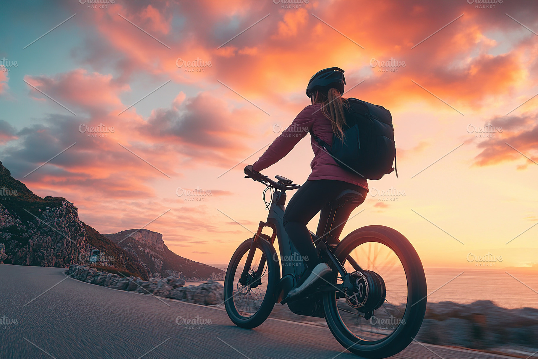 Woman enjoys scenic ride on electric bike along coastal road at sunset, a Sports & Recreation Photo by AlyaAnd