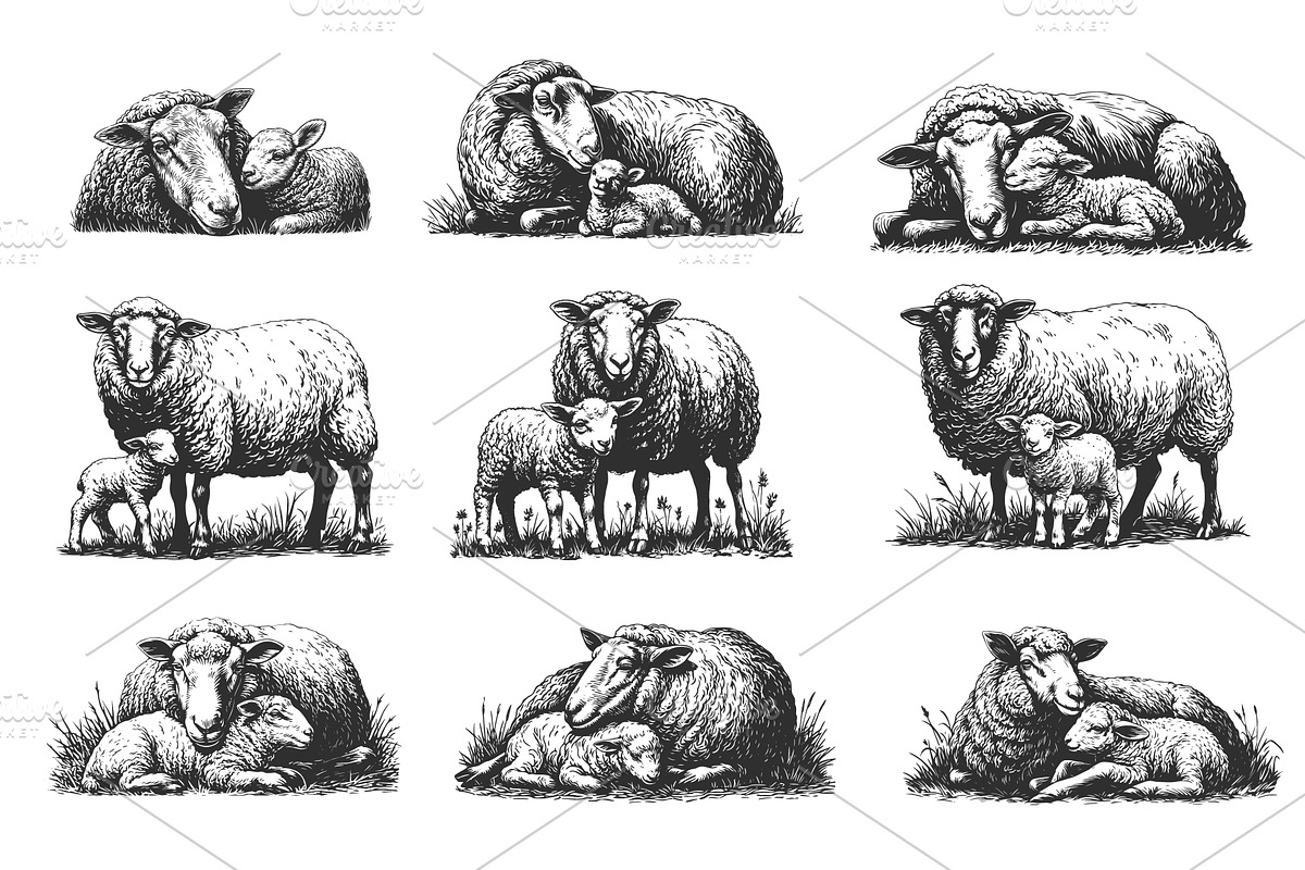 Hand drawn sheep mom and lamb set, an Animal Illustration by Stock-Smart-Start