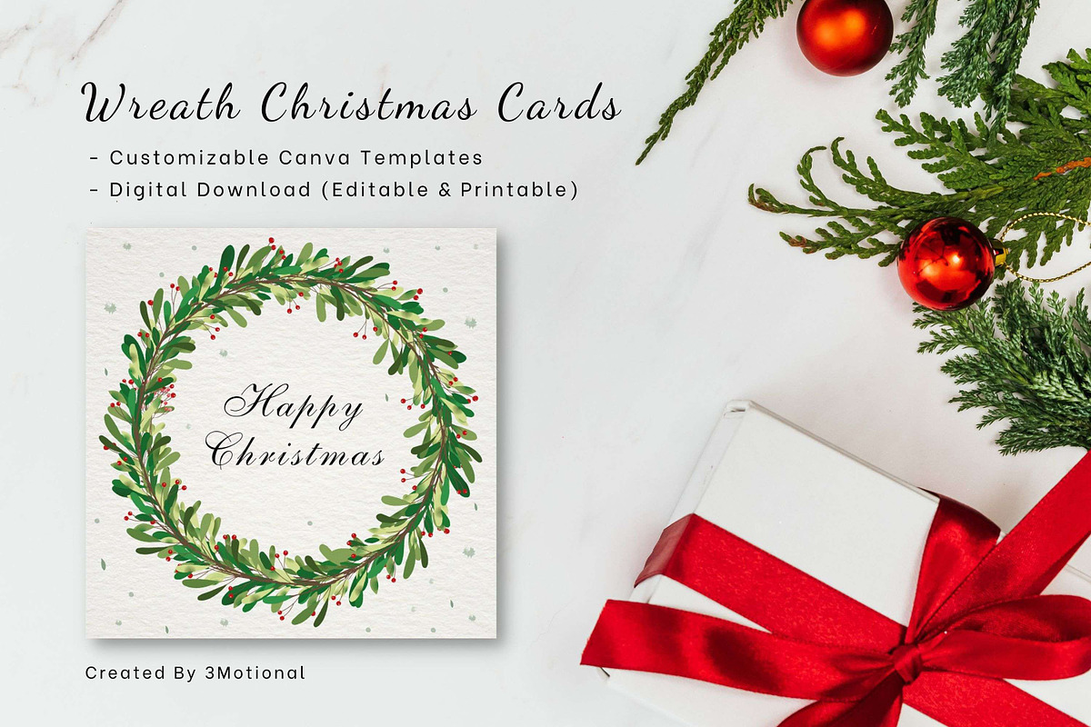 8 Wreath Christmas Cards Canva, a Card Template by 3Motional (Photo 5 of 11)