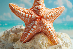 Unique orange starfish sits on sandy beach surrounded by colorful pebbles and s, a Photo by AlyaAnd