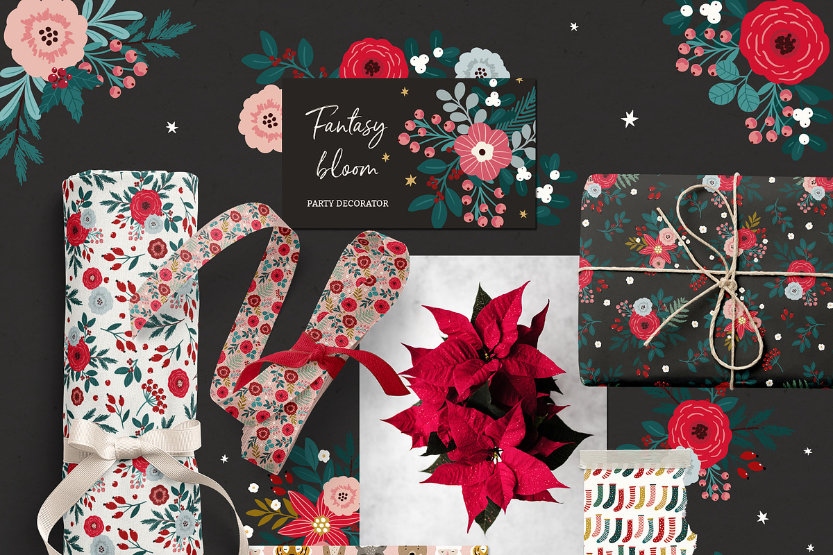Floral Christmas clipart & pattern, an Animal Illustration by Cozy pattern shop (Photo 2 of 14)