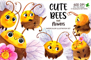 Watercolor Cute Bees