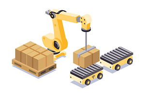 Isometric robotic arm loading, a Transportation Illustration by Booblgum