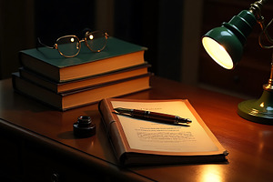 Vintage Desk with Green Lamp Books, a School & Education Photo by Artonix