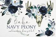 Boho Navy Peony Floral Clipart, a Decorative Illustration by whiteheartdesign (Thumbnail 1 of 9)