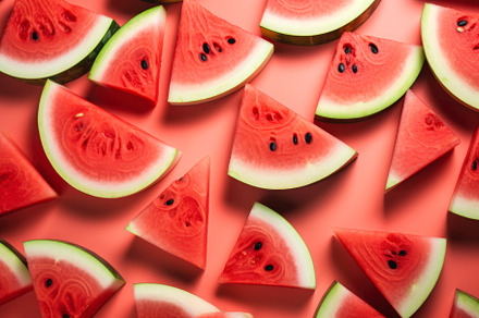 Background of slices of delicious watermelon on red background f