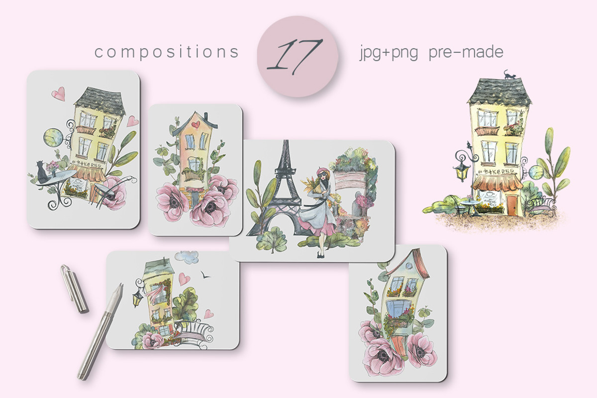 Paris romantic watercolor clipart, a Decorative Illustration by NATASHA CHU (Photo 3 of 17)