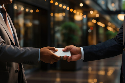 Businessman giving a business card to another man, close-up. Gen, a Business Photo by AS photostudio