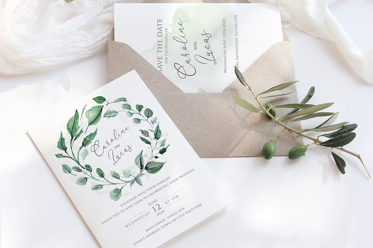 6 Piece Greenery Wedding Invite Set, an Invitation Template by R Whitehurst Design (Photo 1 of 11)