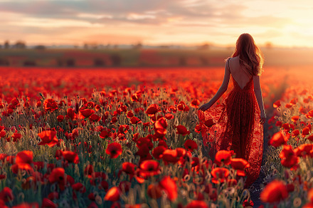 Back view of young beautiful woman in red poppy flowers field, a Nature Photo by AlyaAnd