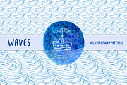 Watercolor waves pattern + Ship, a Pattern Graphic by inkionia♥ (Thumbnail 1 of 3)