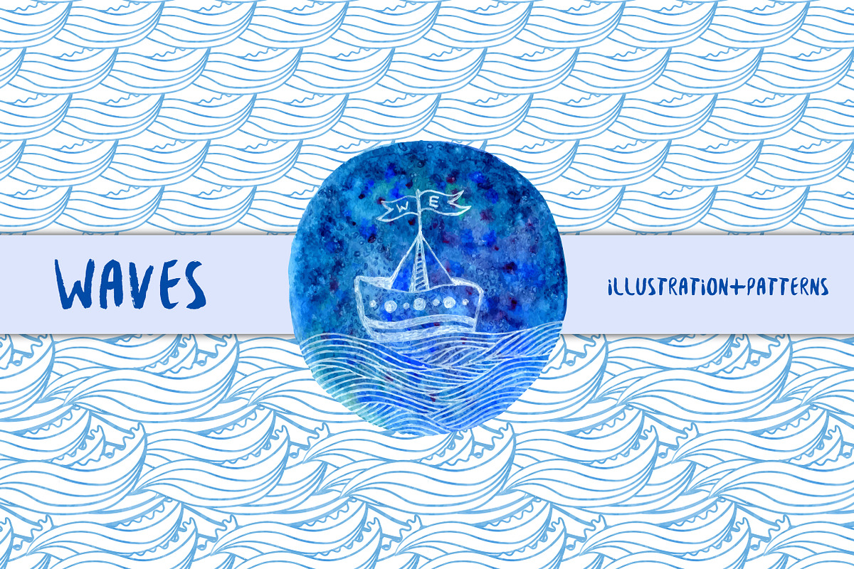 Watercolor waves pattern + Ship, a Pattern Graphic by inkionia♥ (Photo 1 of 3)