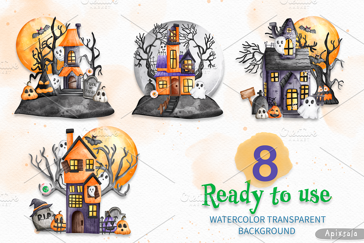 Haunted House Halloween Clipart, a Decorative Illustration by Apixsala (Photo 3 of 14)