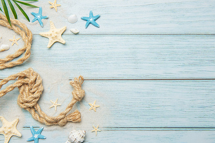 Summer concept with palm leaf, rope, seashells and starfishes on