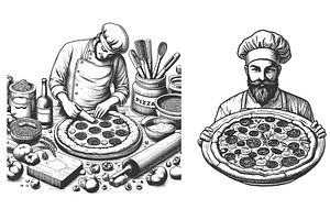 Pizza Chef engraving set vector, a Food Illustration by AlexArt