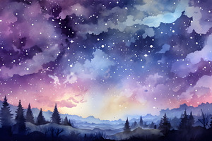 Watercolor night landscape with moon, clouds and stars, a Nature Photo by Mashimara