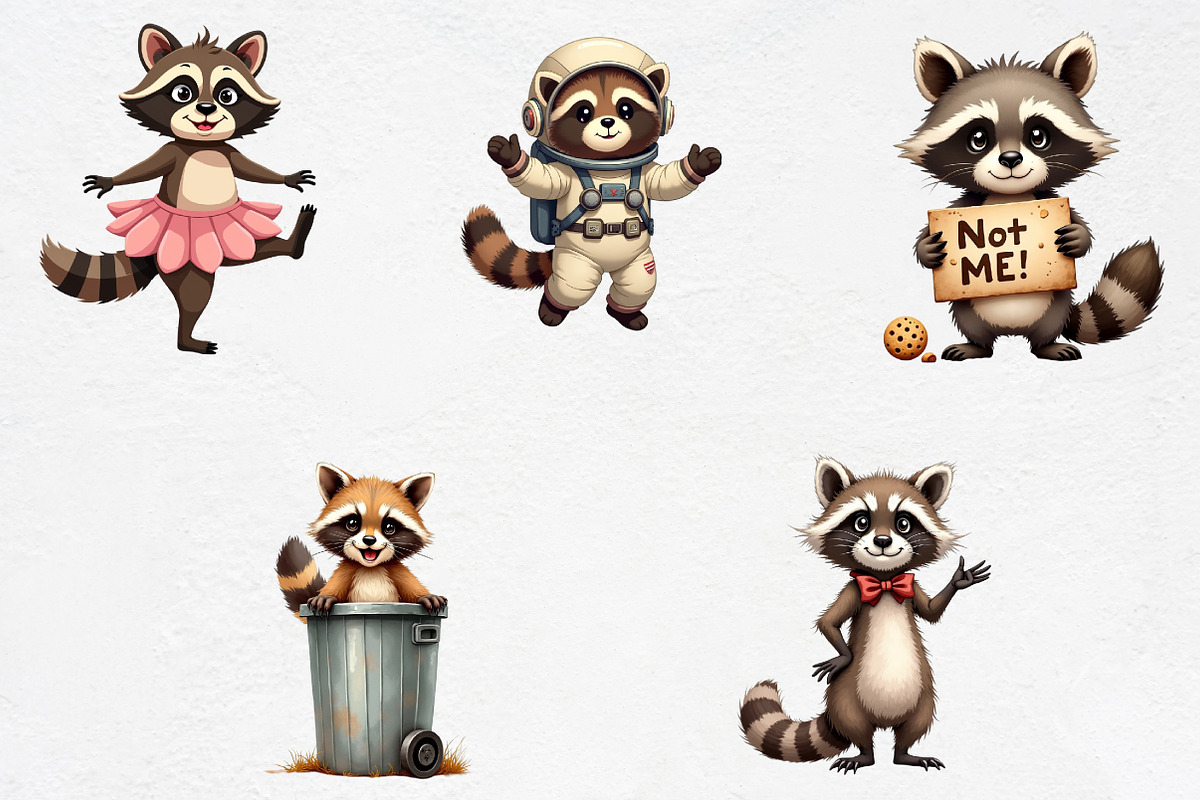 Quirky and Funny Raccoons Clipart, an Illustration by CrexoraLab (Photo 2 of 5)