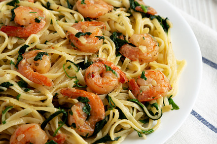 Homemade One-Pot Lemon Garlic Shrimp Pasta on a Plate, side view, a Food & Drink Photo by LiudmylaChuhunova