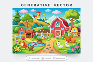 Farm animals play in a sunny landsca