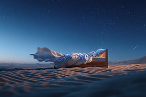 Bed floats in desert under starry sky at night with serene atmosphere and soft, a Photo by AlyaAnd