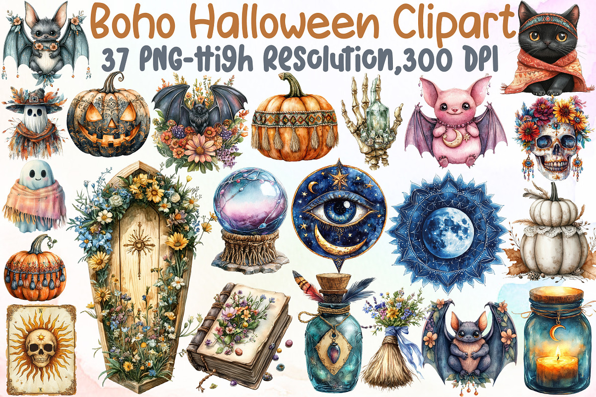 Boho Halloween Clipart, an Illustration by Sublimation Artist (Photo 1 of 6)