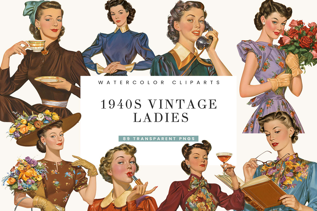 1940s Vintage Ladies Clipart, a Person Illustration by BusyDaydesign (Photo 1 of 9)