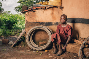 Ugandan Girl Sits by Pile of Rubble
