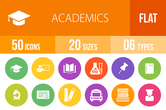 50 Academics Flat Round Icons