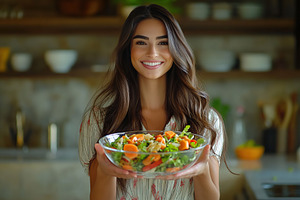 Beautiful woman smiles while holding a fresh salad in a cozy kitchen setting, a Person Photo by AlyaAnd