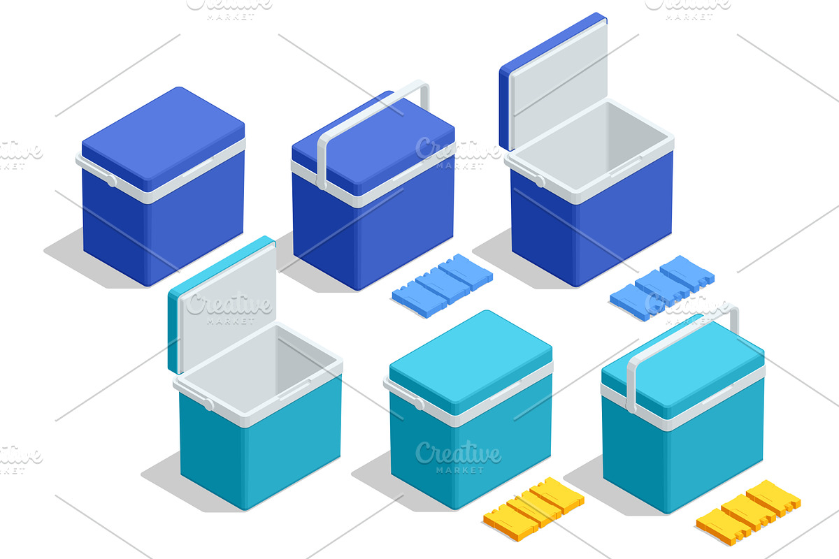 Isometric set of Blue cooler bag on, an Object Illustration by Golden Sikorka