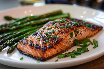 White plate with grilled salmon and, a Photo by Iftikhar Alam