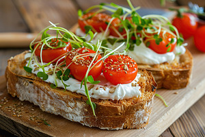 Sandwich with cream cheese, microgreens and tomatoes on wooden table, a Food & Drink Photo by AlyaAnd