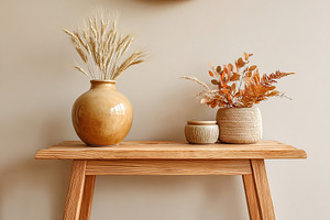 Console table featuring a ceramic vase and decorative plant arrangements in war, a Photo by AlyaAnd