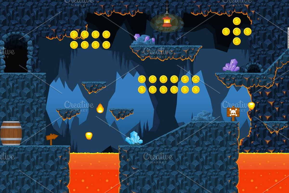 Lava Cave - Platformer Tileset, an Illustration by pzUH