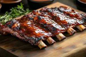 Barbecue pork ribs with glaze on wooden board, a Food & Drink Photo by Photostock