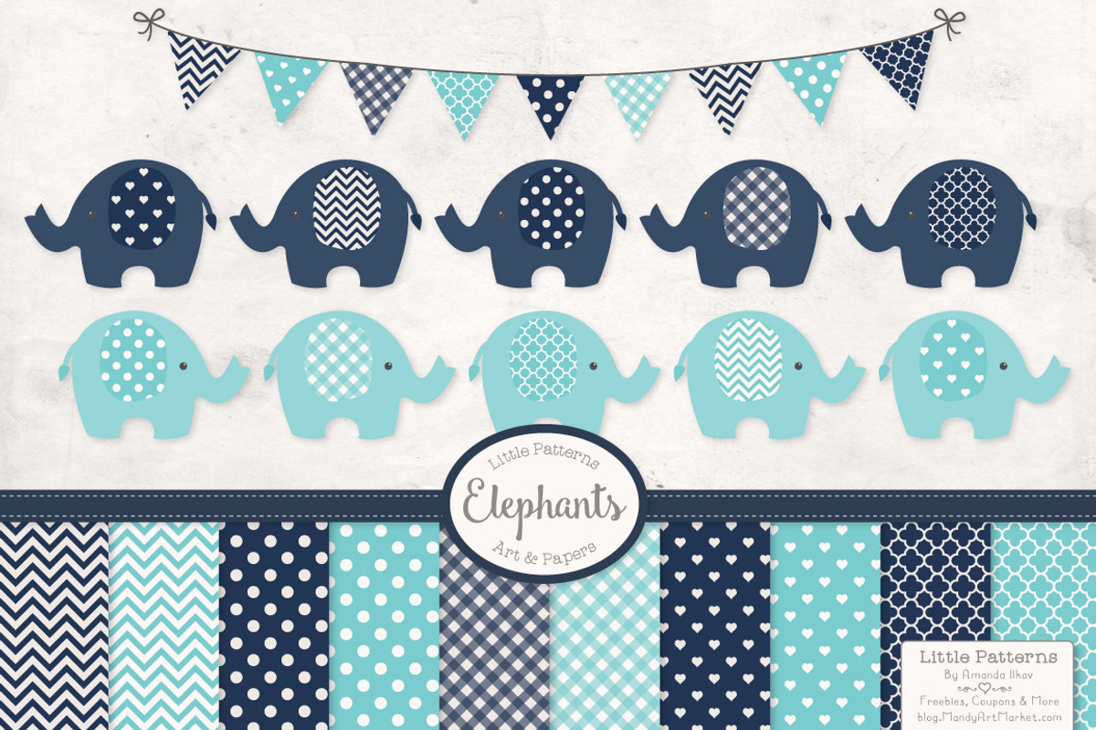 Blue Elephant Clip Art and Patterns, an Illustration by Amanda Ilkov (Photo 1 of 3)