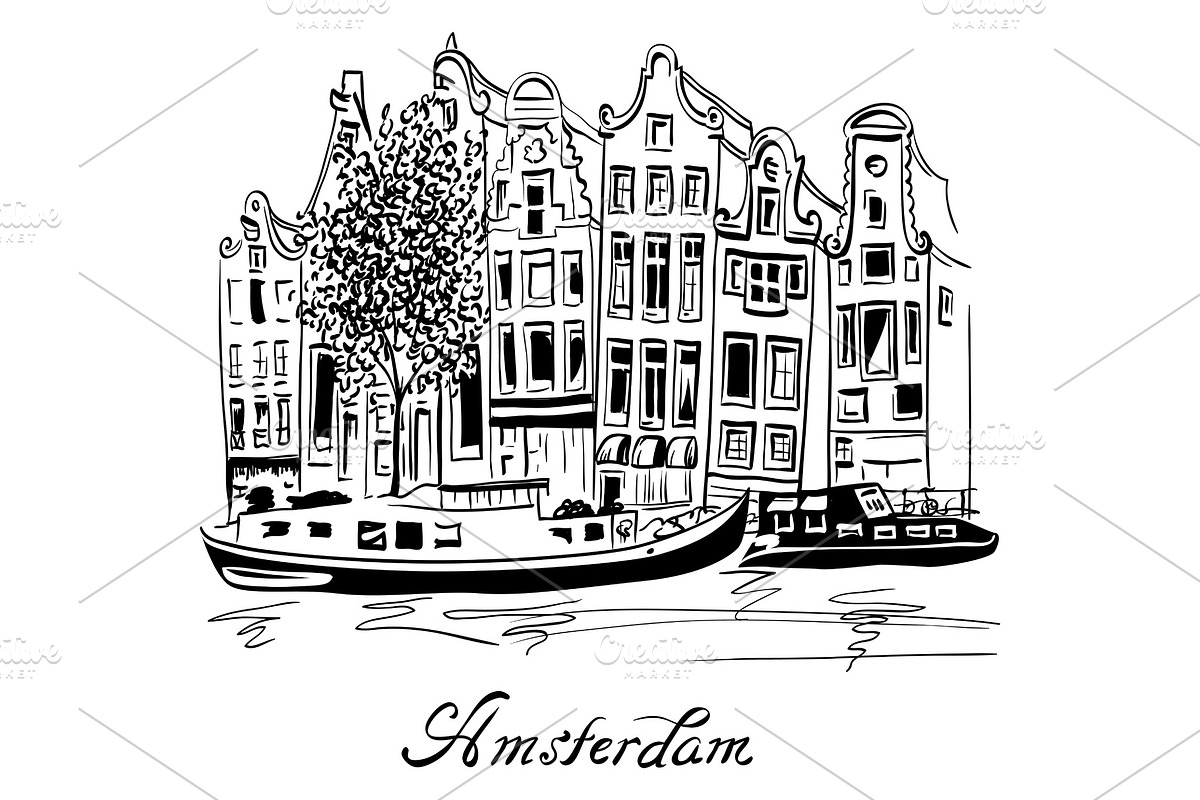 Vector city view of Amsterdam canal, an Illustration by kavalenkava