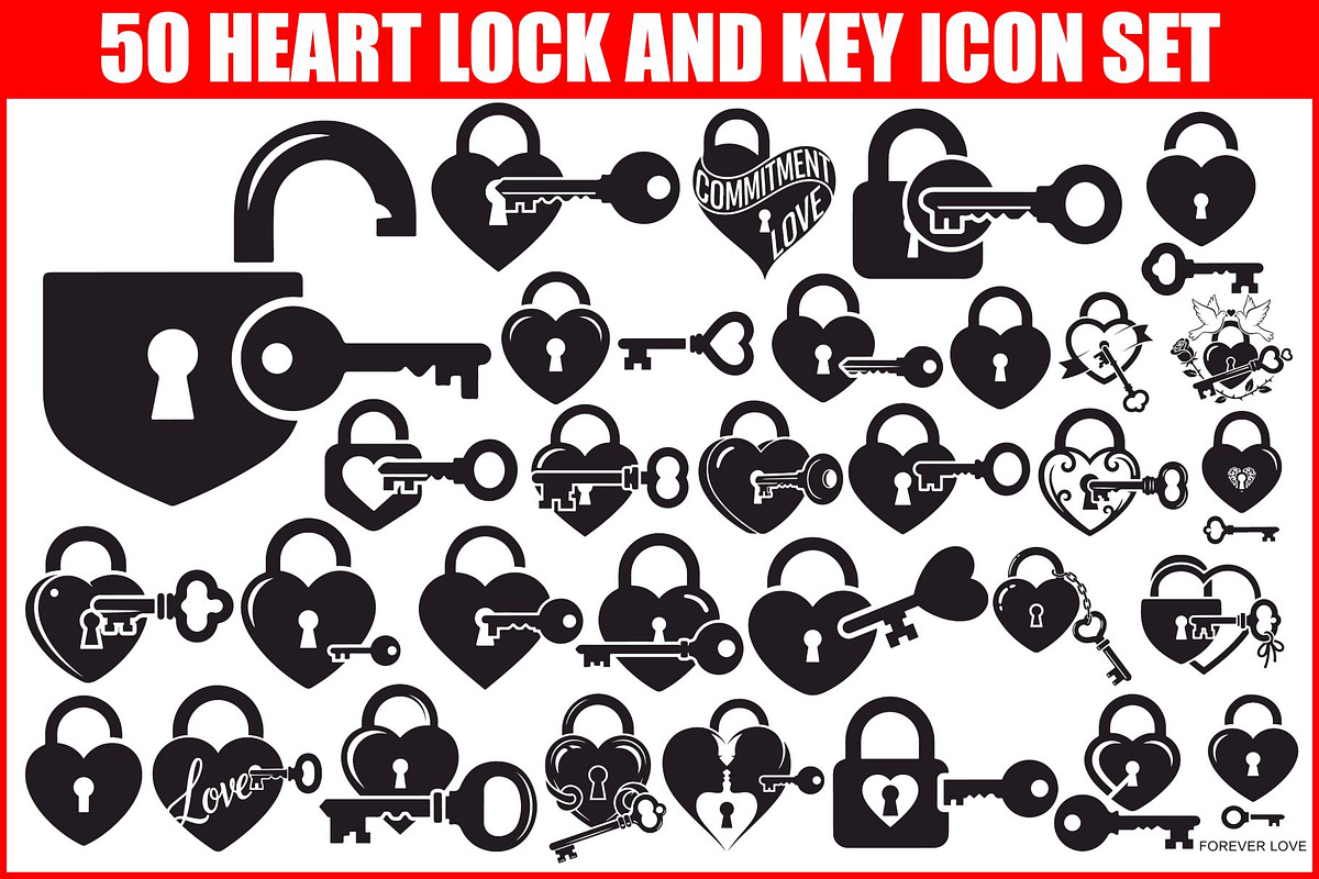 Heart Lock and Key Silhouette Icons, an Illustration by Designer_Momina (Photo 1 of 51)