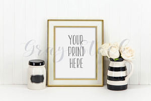 Gold & Cream Frame Mockup w/Roses, a Print Template by Gray Stock
