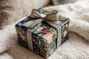 Stylish gift box with floral pattern and textured bow resting on, a Photo by Studio ANNA